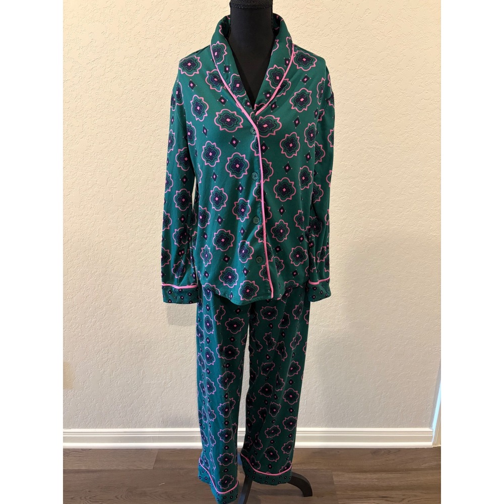 Room Service Pajama Set Small Green Pink Floral Geometric Button Down Sleepwear